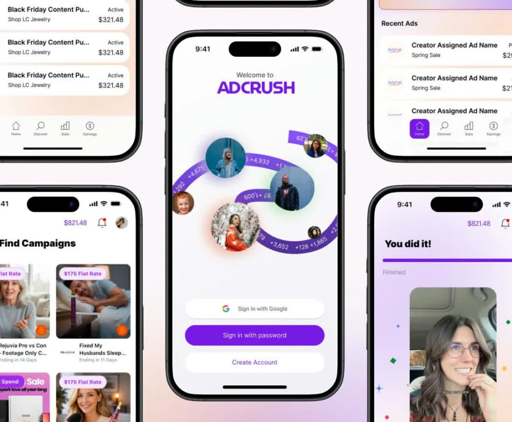 The AdCrush creator platform, showing live campaigns and creator earnings